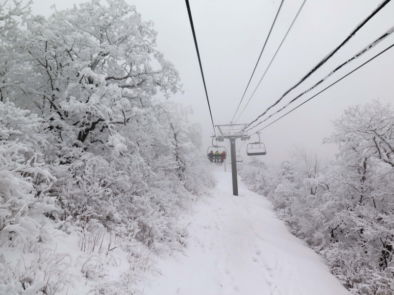 Going up the Rainbow Chair at YongPyong ski area in South Korea. 