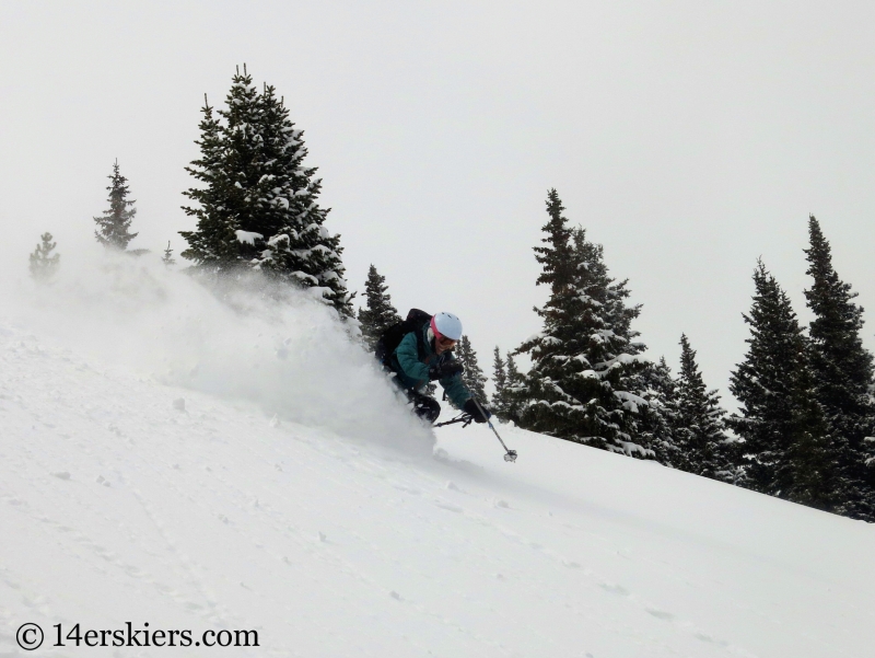 Susan Mol backcountry skiing on Mount Trelease