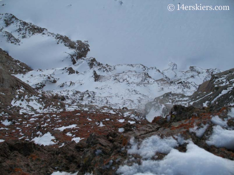 Looking down cliff on Uncompahgre Peak. 