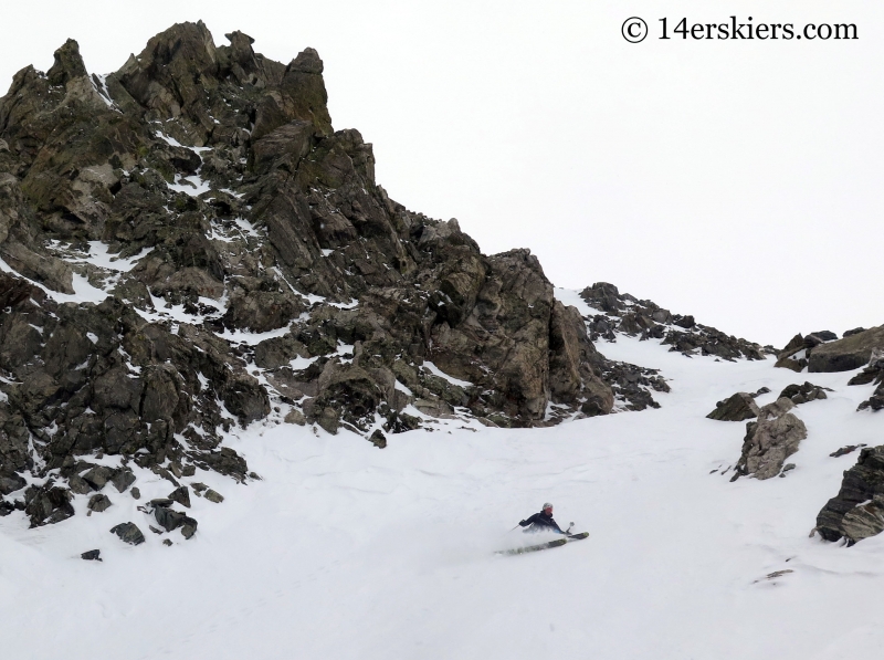 Natalie Moran backcountry skiing on Atlantic Peak. 