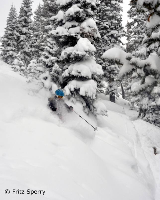 Deep powder skiing at Wolf Creek ski area in Colorado.