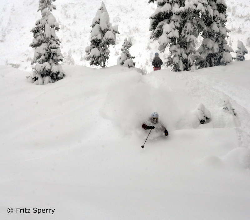 Deep powder skiing at Wolf Creek ski area in Colorado.