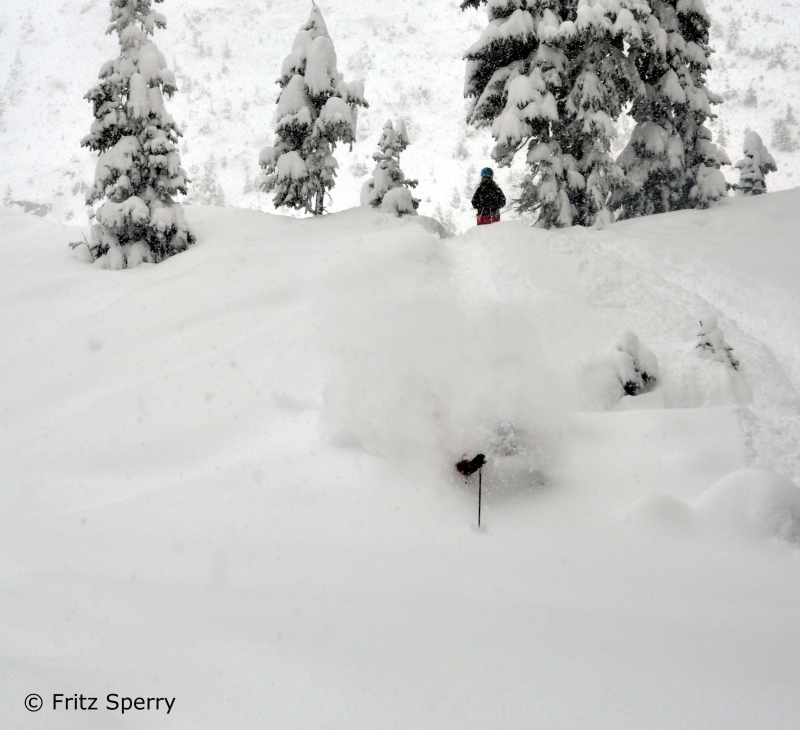 Deep powder skiing at Wolf Creek ski area in Colorado.