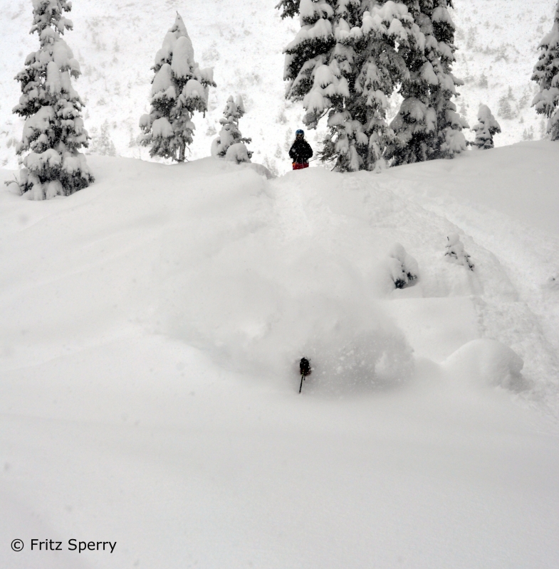 Deep powder skiing at Wolf Creek ski area in Colorado.