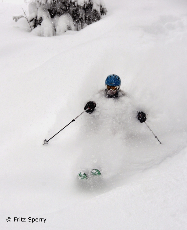 Deep powder skiing at Wolf Creek ski area in Colorado.