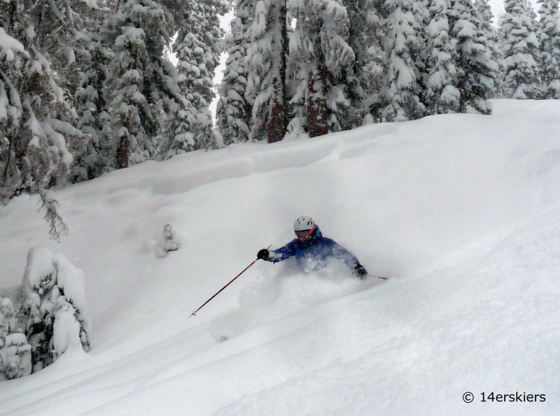 Deep powder skiing at Wolf Creek ski area in Colorado.