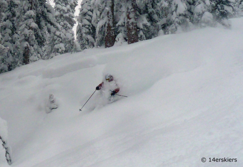 Deep powder skiing at Wolf Creek ski area in Colorado.