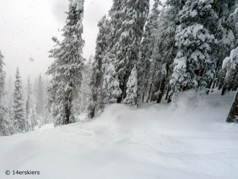 Deep powder skiing at Wolf Creek ski area in Colorado.