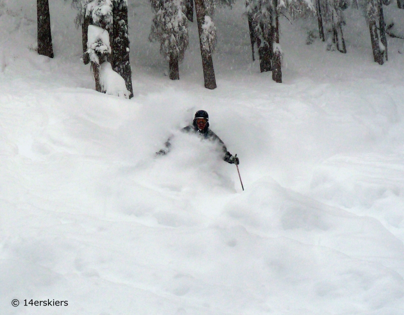 Deep powder skiing at Wolf Creek ski area in Colorado.