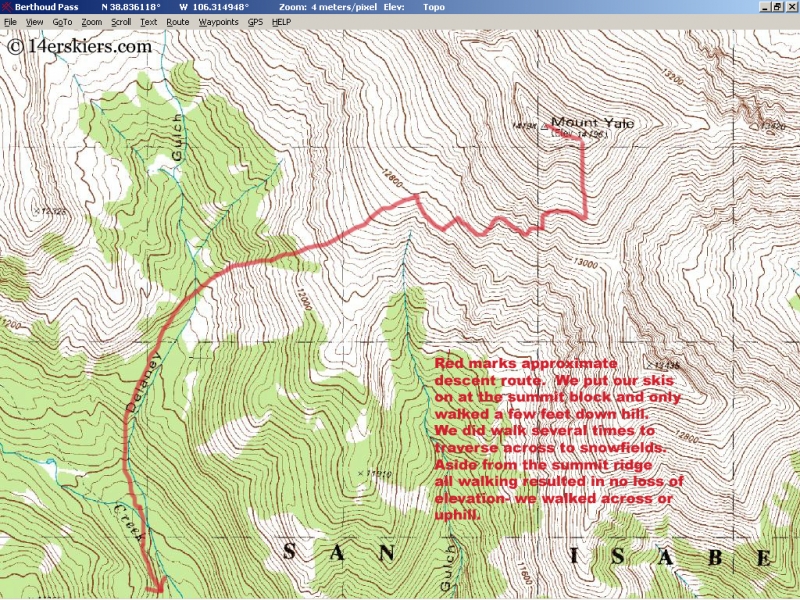 topo map of ski line on Mount Yale. 