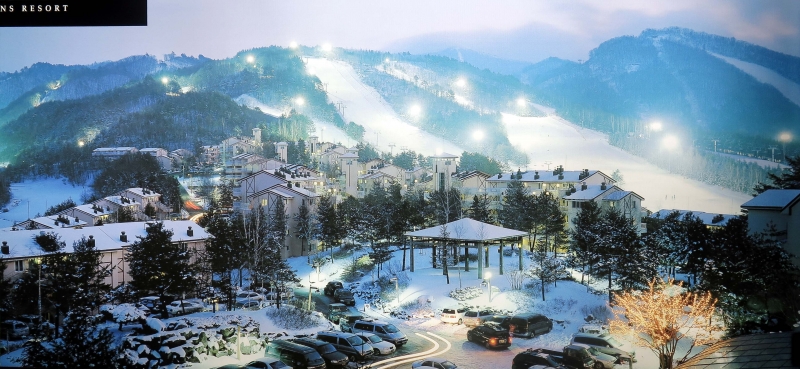 night skiing at YongPyong ski resort in South Korea. 