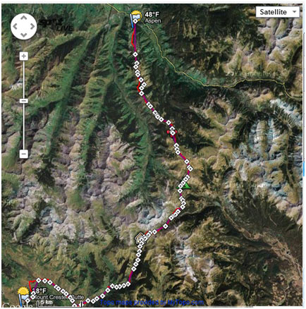 The course links Crested Butte to Aspen. The three major check points (Friends Hut, Taylor Pass and Barnard Hut) denoted by a house, tent and red cross respectively.