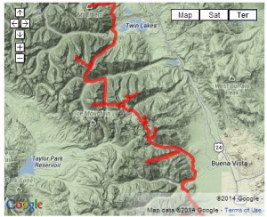 A map of the Fourteeners for Teens planned expedition route.  