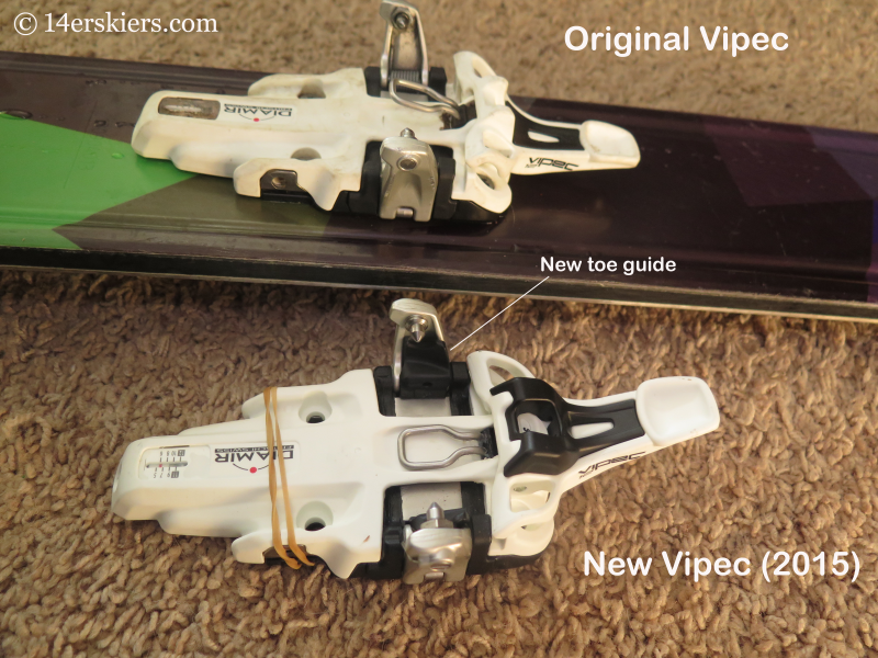 Comparison of older and newer Fristchi Vipen backcountry skiing tech binding.  