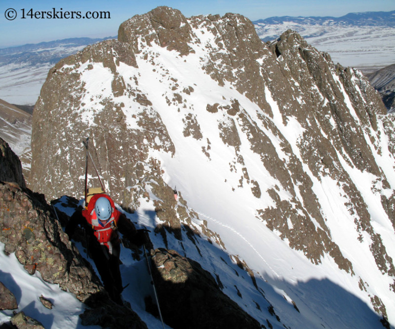 Climbing toward the summit of Crestone Peak to go bakcocuntry skiing. 