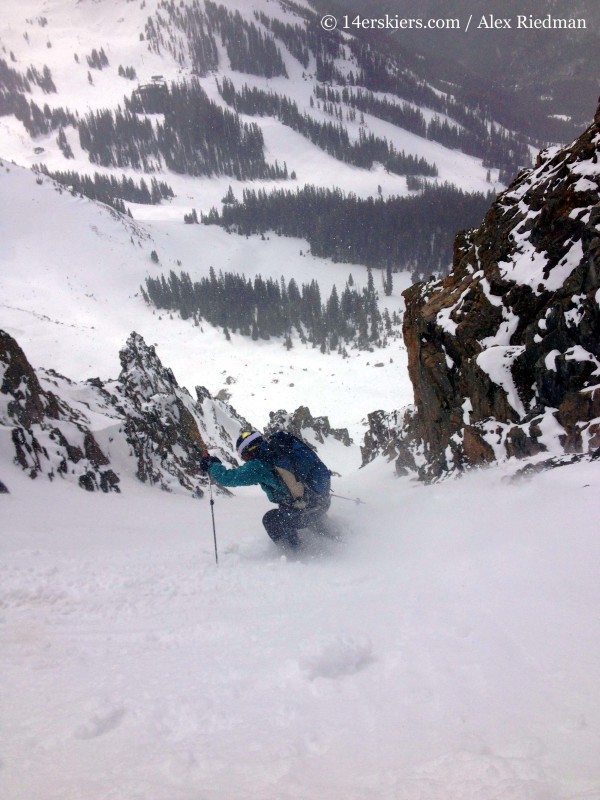 Susan Mol backcountry skiing on Shit for Brains Couloir