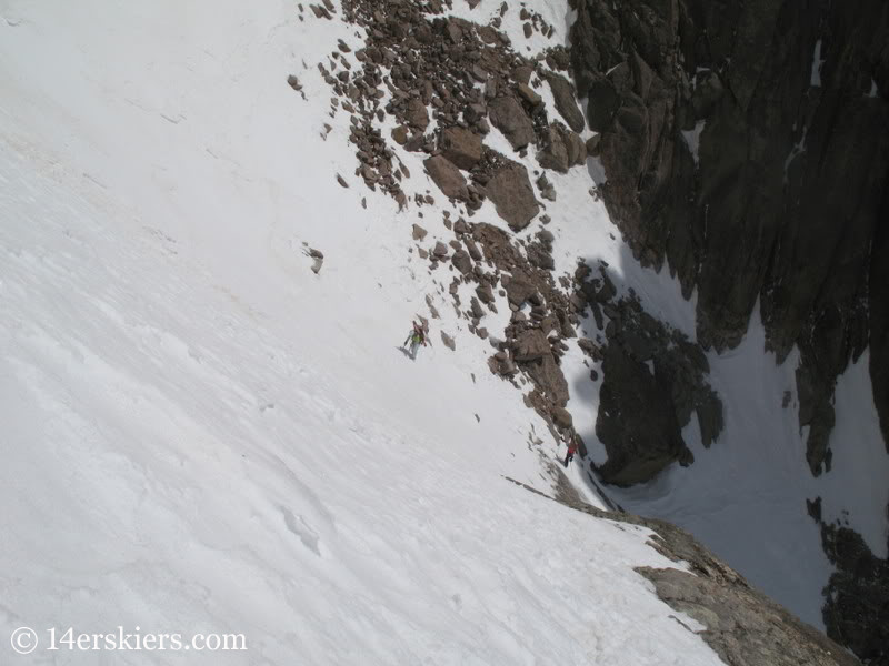 Pam Rice & Brittany Konsella climbing Longs Peak to go backcountry skiing.