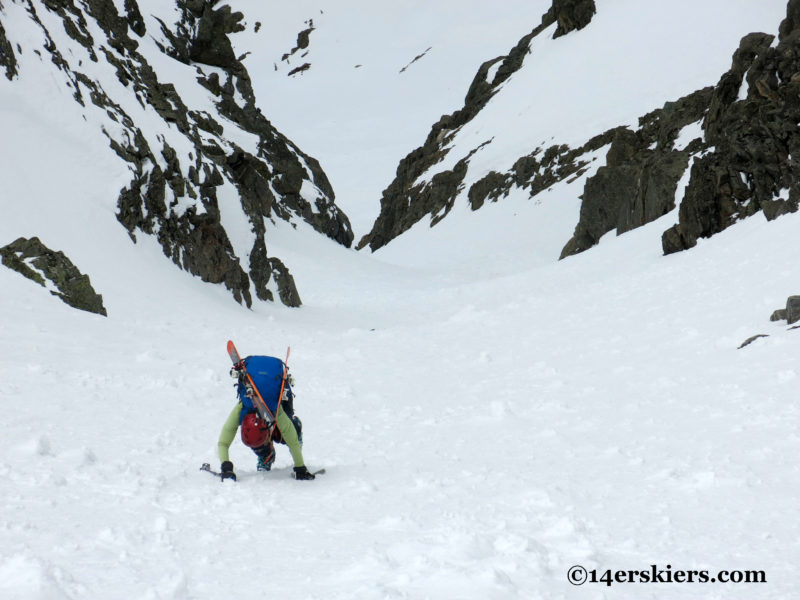 Brittany Konsella climbing Northstar Couloir on North Arapahoe Peak