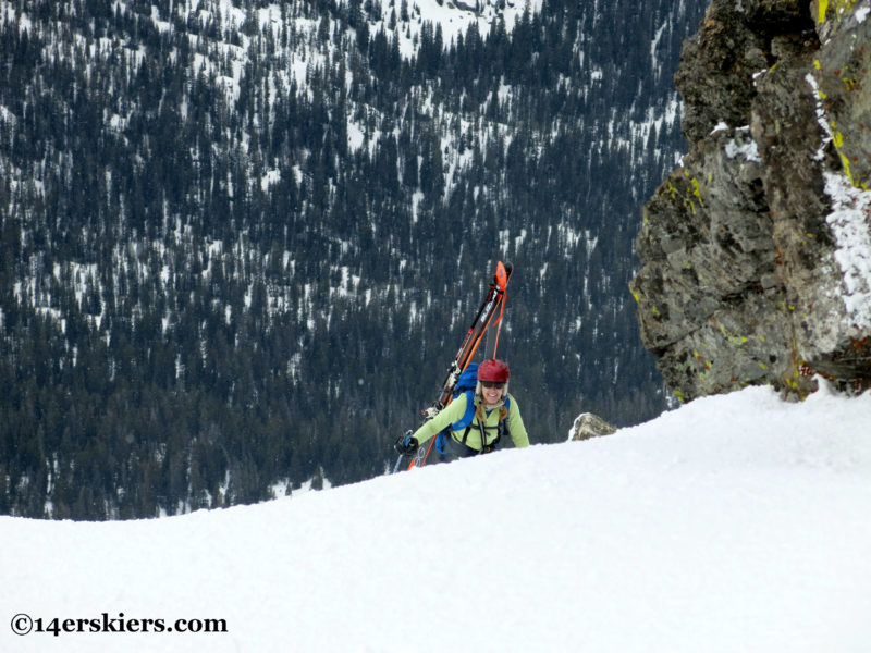 Brittany Konsella climbing Northstar Couloir on North Arapahoe Peak.