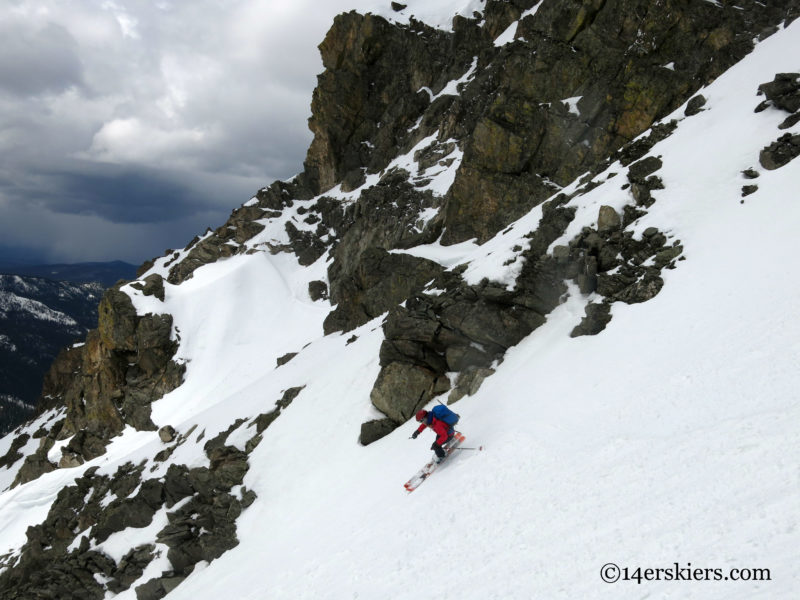 Brittany Konsella backcountry skiing Northstar Couloir on North Arapahoe Peak.