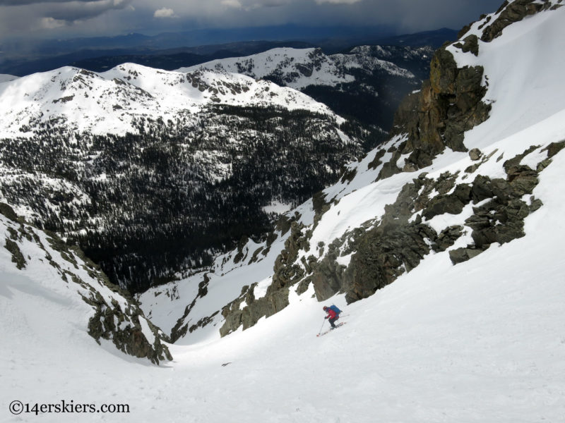 Brittany Konsella backcountry skiing Northstar Couloir on North Arapahoe Peak.