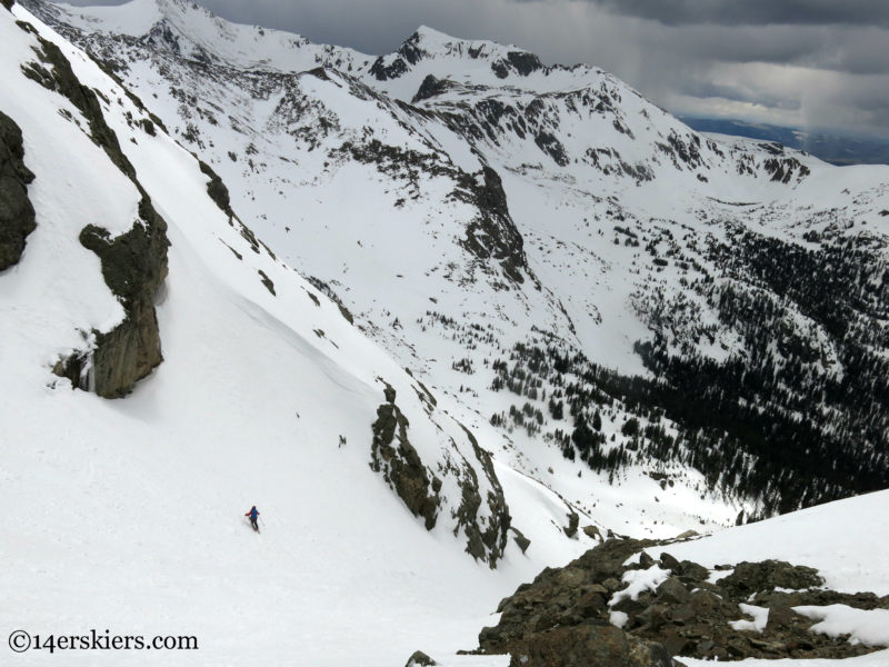 Brittany Konsella backcountry skiing Northstar Couloir on North Arapahoe Peak.