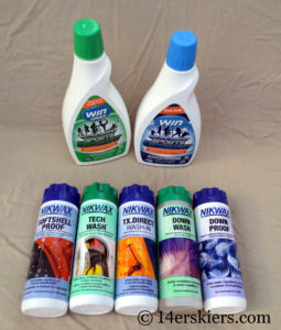 Win & Nikwax products for cleaning backcountry skiing clothing.